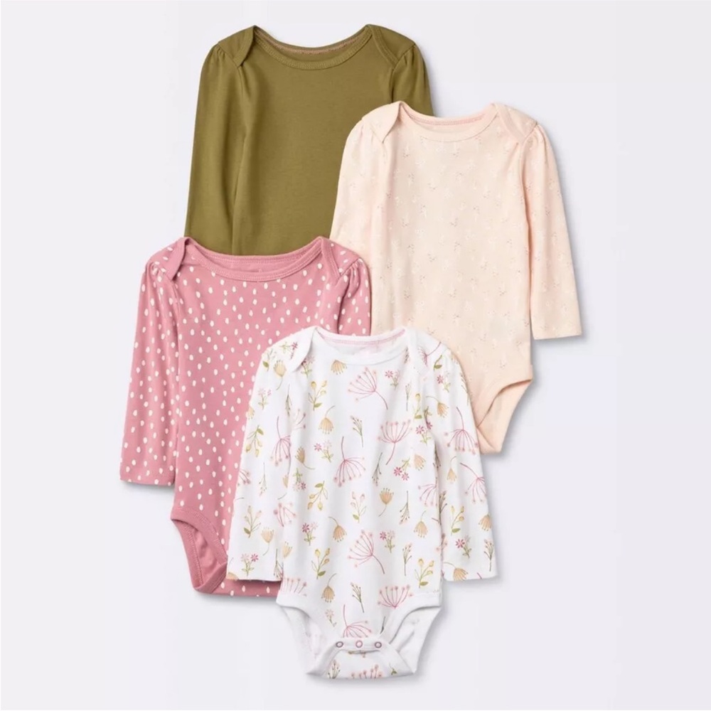 Cloud Island Baby Girls' 4pk Prairie Floral Long Sleeve Bodysuit Target Pink 24M